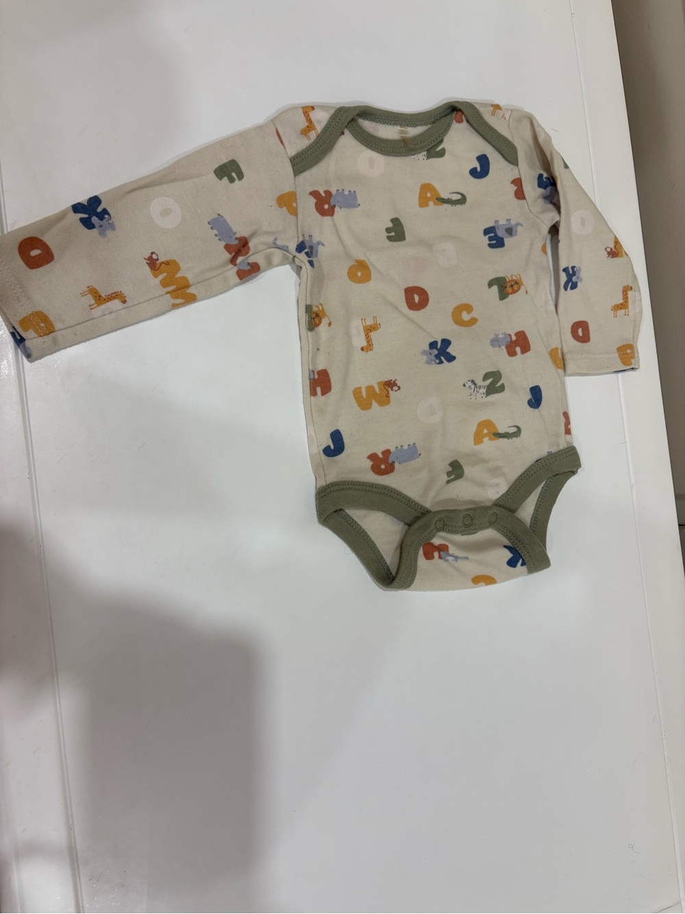 chick pea Long-Sleeve Alphabet Bodysuit in Olive Trim with Multi-Color Letters